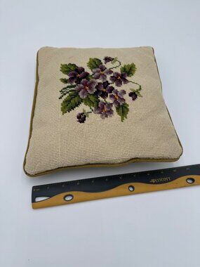 Vintage Needlepoint Floral Throw Pillow Velvet Back Square Cushion 10"x10" Beige
